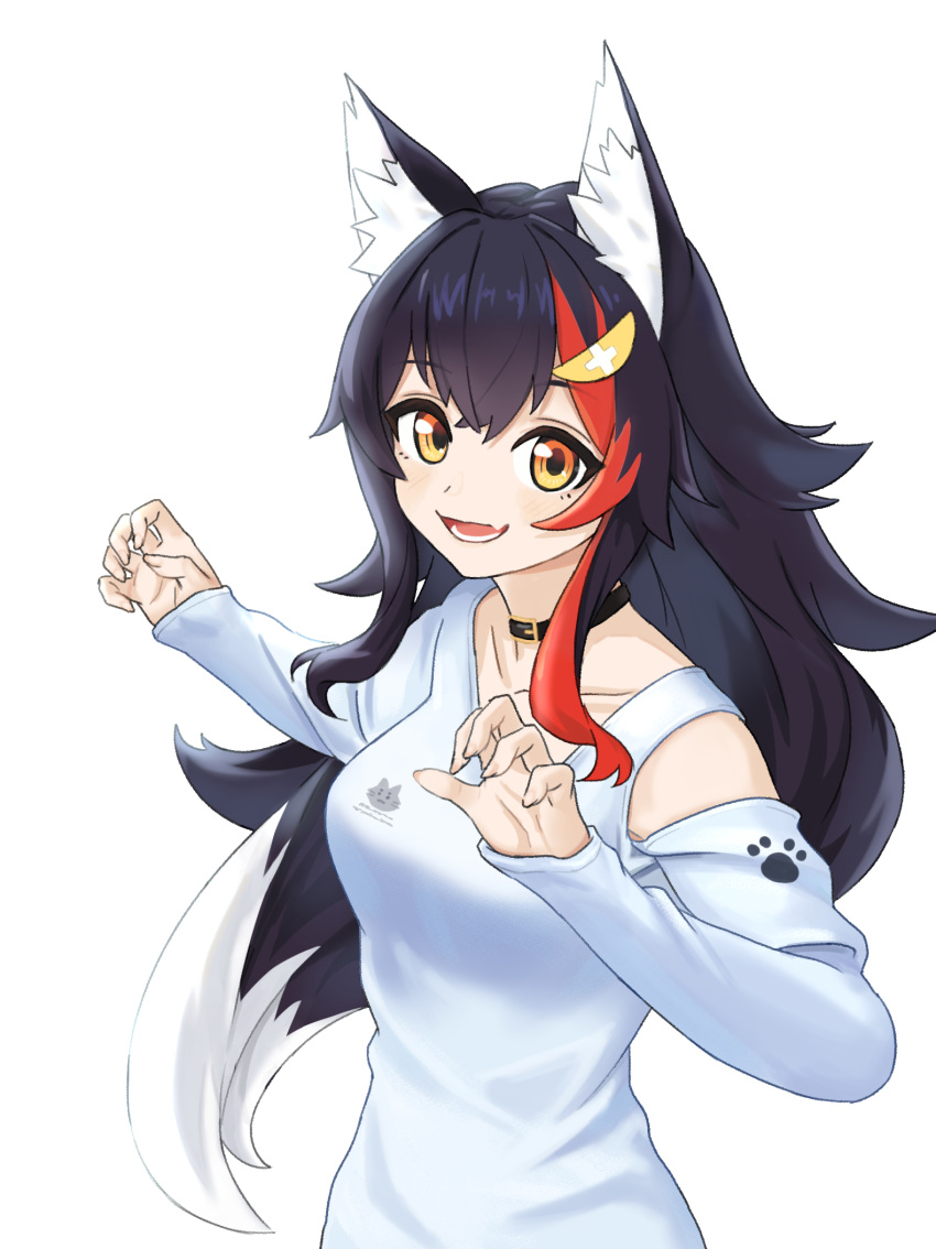 1girl :d animal_collar animal_ear_fluff animal_ears bangs black_collar black_hair clothing_cutout collar collarbone fang from_side hair_between_eyes hair_ornament hairclip highres hololive jiu_fanglianhua long_hair long_sleeves looking_at_viewer multicolored_hair ookami_mio open_mouth paw_pose paw_print redhead shirt shoulder_cutout simple_background skin_fang smile solo streaked_hair upper_body virtual_youtuber white_background white_hair white_shirt wolf_ears wolf_girl yellow_eyes