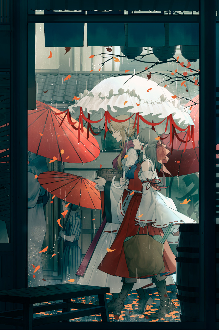 1boy 1other 2girls autumn_leaves bag barrel basket blonde_hair blue_neckwear boots bow brown_eyes brown_hair building closed_eyes detached_sleeves dress from_side full_body grin hair_bow hair_tubes hakurei_reimu highres holding holding_basket holding_umbrella knee_boots long_hair long_sleeves multiple_girls ouka_musci outdoors rain red_shirt red_skirt shirt shopping_bag skirt smile tabard tile_roof touhou town umbrella white_dress white_umbrella wide_sleeves yakumo_yukari