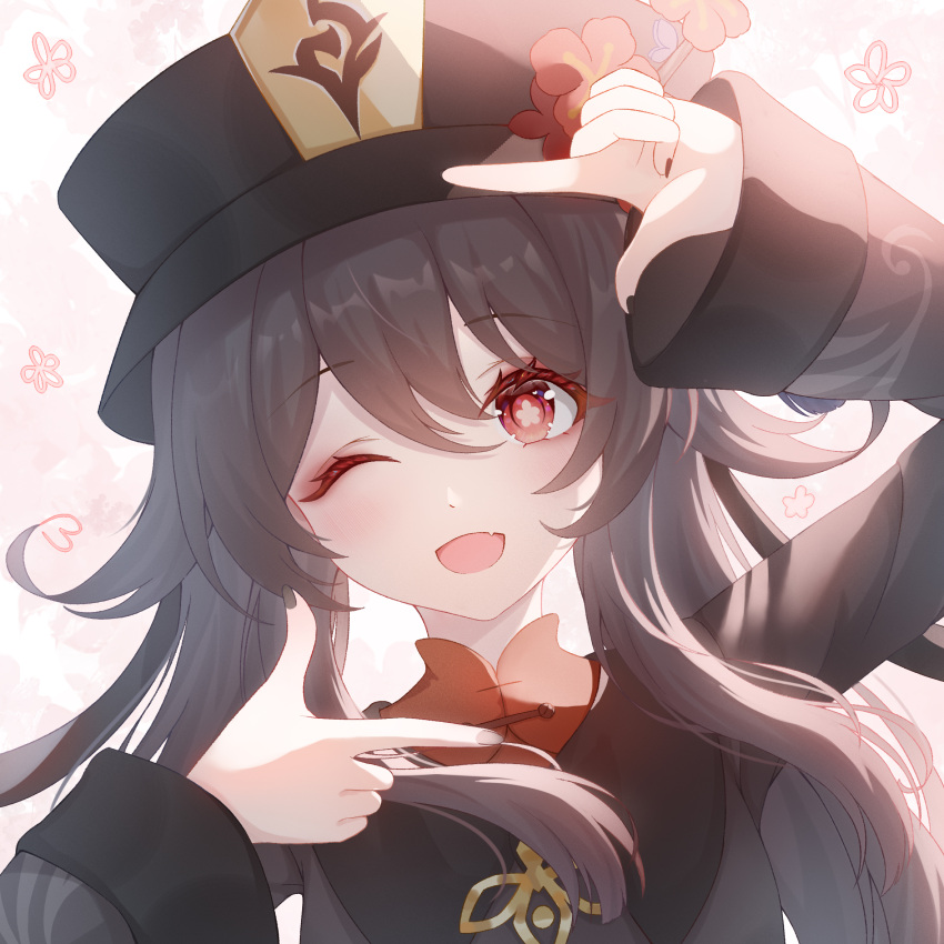 1girl :d bangs black_hair black_headwear black_nails black_shirt brown_hair chinese_clothes eyebrows_visible_through_hair eyes_visible_through_hair fang finger_frame flower genshin_impact hair_between_eyes hat highres hu_tao long_hair long_sleeves looking_at_viewer nail_polish nalukikiki one_eye_closed open_mouth red_eyes shirt sidelocks simple_background smile solo symbol-shaped_pupils twintails upper_body wide_sleeves