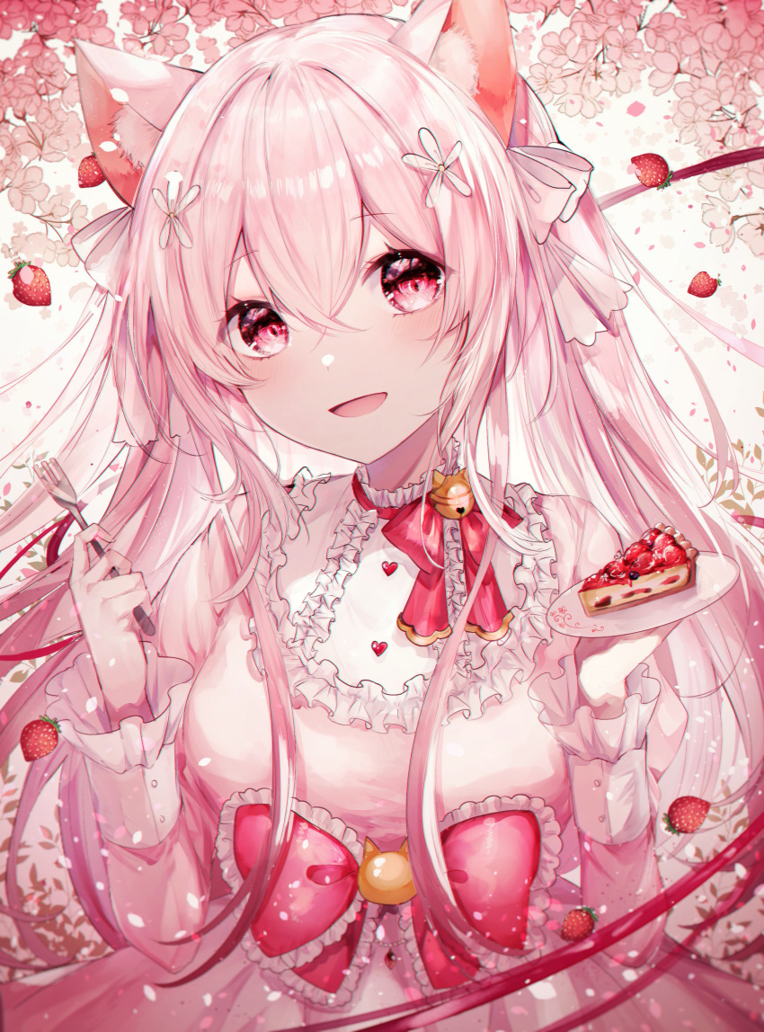 1girl absurdres animal_ears bell berry cat_ears flower food fork fruit hair_between_eyes highres holding holding_fork holding_plate noyu_(noyu23386566) open_mouth original pink_eyes pink_theme plate ribbon smile solo strawberry utensil