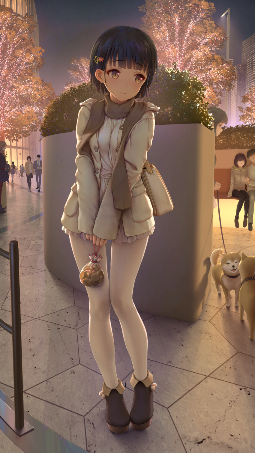 1girl ankle_boots bag bangs black_footwear black_hair black_scarf blunt_bangs blush boots breasts brown_eyes city closed_mouth coat cookie dog dress eyebrows_visible_through_hair flower food full_body hair_flower hair_ornament hairclip handbag highres himitsu_(hi_mi_tsu_2) holding long_sleeves looking_away looking_to_the_side night open_clothes open_coat original outdoors pantyhose scarf short_hair shoulder_bag sleeves_past_wrists small_breasts smile solo_focus standing valentine white_dress white_legwear yellow_coat