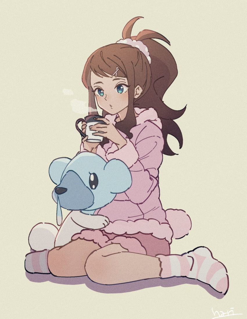 1girl alternate_costume brown_hair commentary_request cubchoo cup gen_5_pokemon green_eyes hair_ornament hair_scrunchie hands_up hari611 high_ponytail highres hilda_(pokemon) holding holding_cup long_hair long_sleeves mug parted_lips pokemon pokemon_(creature) pokemon_(game) pokemon_bw scrunchie shorts sidelocks sitting socks steam striped striped_legwear x_hair_ornament