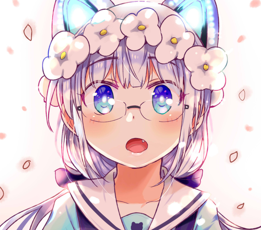 1girl animal_ears bangs blue_eyes blue_shirt bow cat_ears collarbone commentary_request eyebrows_visible_through_hair falling_petals fang flower glasses hair_bow head_wreath highres indie_virtual_youtuber long_hair looking_at_viewer nekoi_yuuna open_mouth petals portrait purple_bow purple_hair sailor_collar shirt solo tatsunokosso virtual_youtuber white_background white_sailor_collar