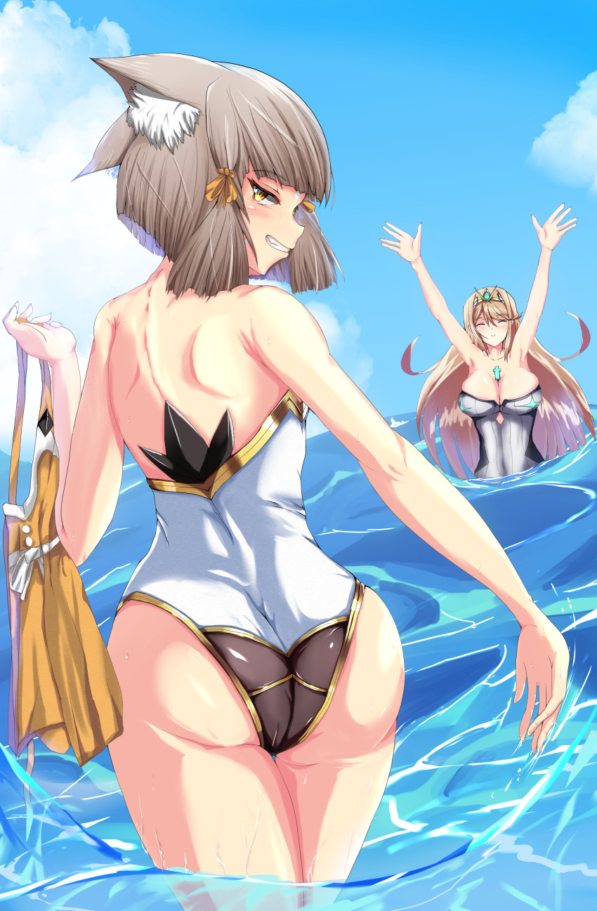 2girls absurdres animal_ears ass bangs blunt_bangs blush breasts cat_ears clothes_removed clouds crystal facial_mark from_behind gem hair_ornament hands_up highres large_breasts looking_at_viewer looking_back multiple_girls nia_(blade)_(xenoblade) nia_(xenoblade) ocean shindayomon short_hair silver_hair smile smirk swimsuit swimwear xenoblade_chronicles_(series) xenoblade_chronicles_2 yellow_eyes