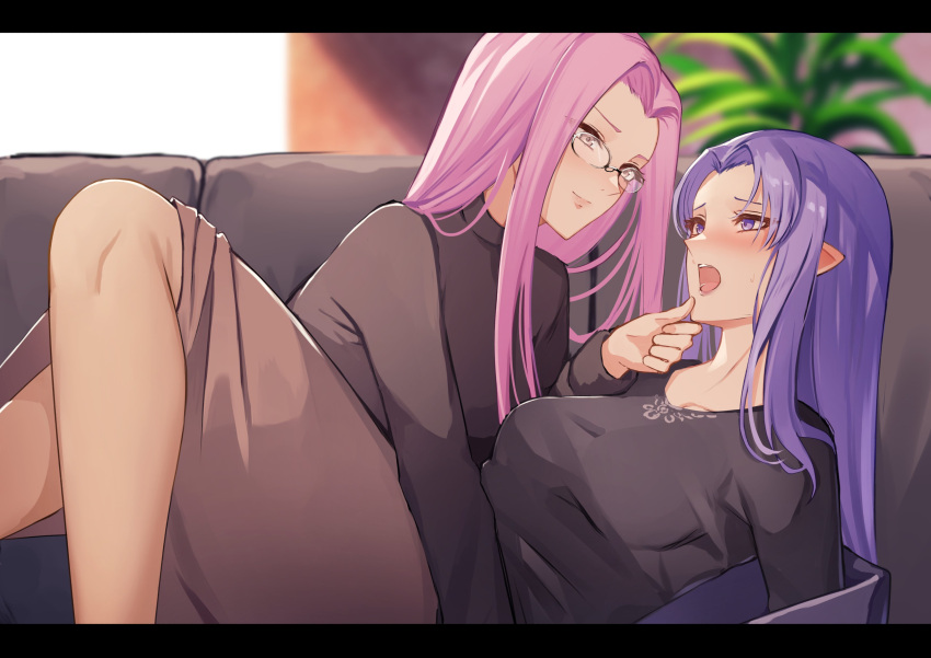 2girls absurdres blue_eyes blue_hair blush breasts couch eye_contact fate/stay_night fate_(series) glasses grabbing_another's_chin hand_on_another's_chin highres imminent_kiss lips long_hair looking_at_another medea_(fate) medium_breasts medusa_(fate) medusa_(rider)_(fate) multiple_girls open_mouth pantyhose pink_eyes pink_hair pnatsu pointy_ears seductive_smile see-through_legwear skirt smile sweat sweater window yuri