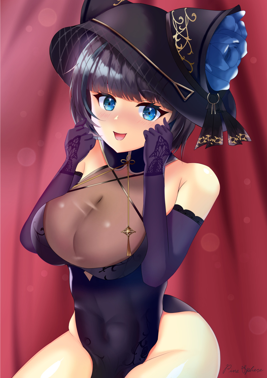 1girl absurdres animal_ears artist_name azur_lane bare_shoulders black_headwear blue_eyes blue_flower blue_hair breasts cat_ears cheshire_(azur_lane) cheshire_(cait_sith_crooner)_(azur_lane) china_dress chinese_clothes cleavage_cutout clothing_cutout dress elbow_gloves fake_animal_ears flower gloves hat hat_flower highres large_breasts looking_at_viewer multicolored_hair pelvic_curtain pinesphere purple_dress purple_gloves purple_hair see-through smile solo streaked_hair thighs two-tone_hair