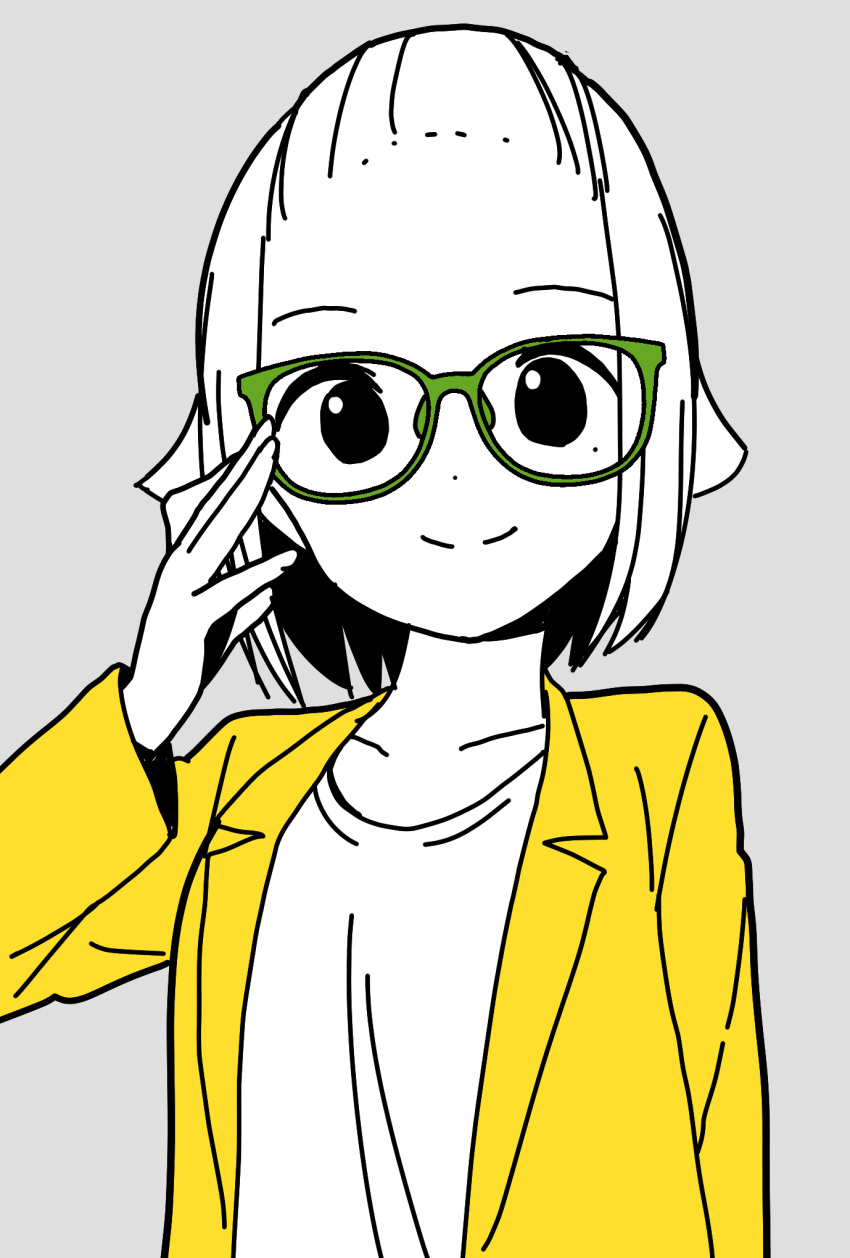 1girl adjusting_eyewear alternate_hairstyle arm_at_side bespectacled casual closed_mouth collarbone commentary_request disconnected_mouth dot_nose forehead glasses green-framed_eyewear grey_background hand_up highres hitoribocchi_no_marumaru_seikatsu jacket katsuwo_(cr66g) long_sleeves looking_at_viewer mole mole_under_eye open_clothes open_jacket partially_colored short_hair simple_background smile solo sunao_nako upper_body yellow_jacket