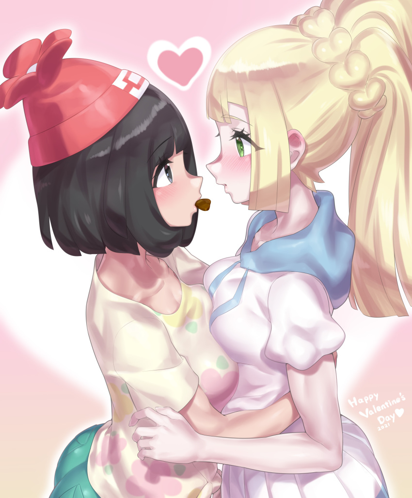2girls absurdres bangs beanie black_eyes black_hair blonde_hair blunt_bangs breast_press breasts candy chocolate chocolate_heart commentary_request dated dress eye_contact eyebrows_visible_through_hair food green_eyes happy_valentine hat heart highres lillie_(pokemon) long_hair looking_at_another mizuumi_(bb) mouth_hold multiple_girls pokemon pokemon_(game) pokemon_sm red_headwear selene_(pokemon) shirt short_hair short_sleeves valentine white_dress yellow_shirt yuri