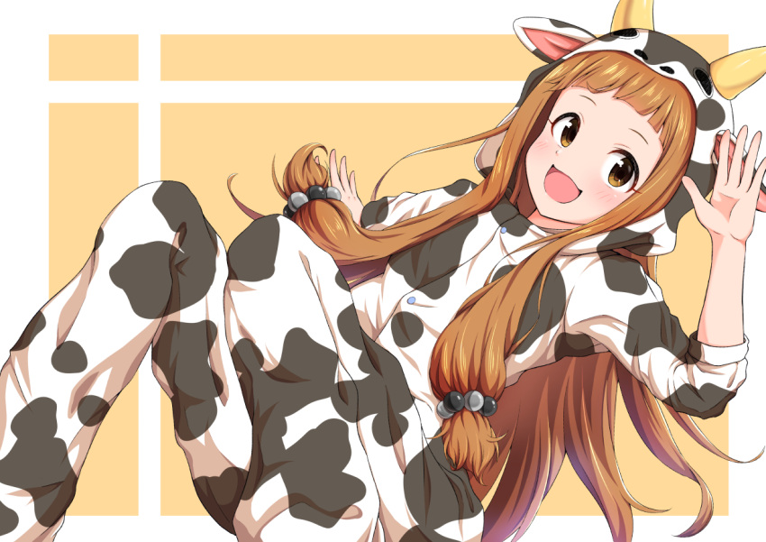 1girl animal_costume brown_eyes brown_hair chinese_zodiac cow_costume ichihara_nina idolmaster idolmaster_cinderella_girls long_hair nagmilk open_mouth smile solo year_of_the_ox