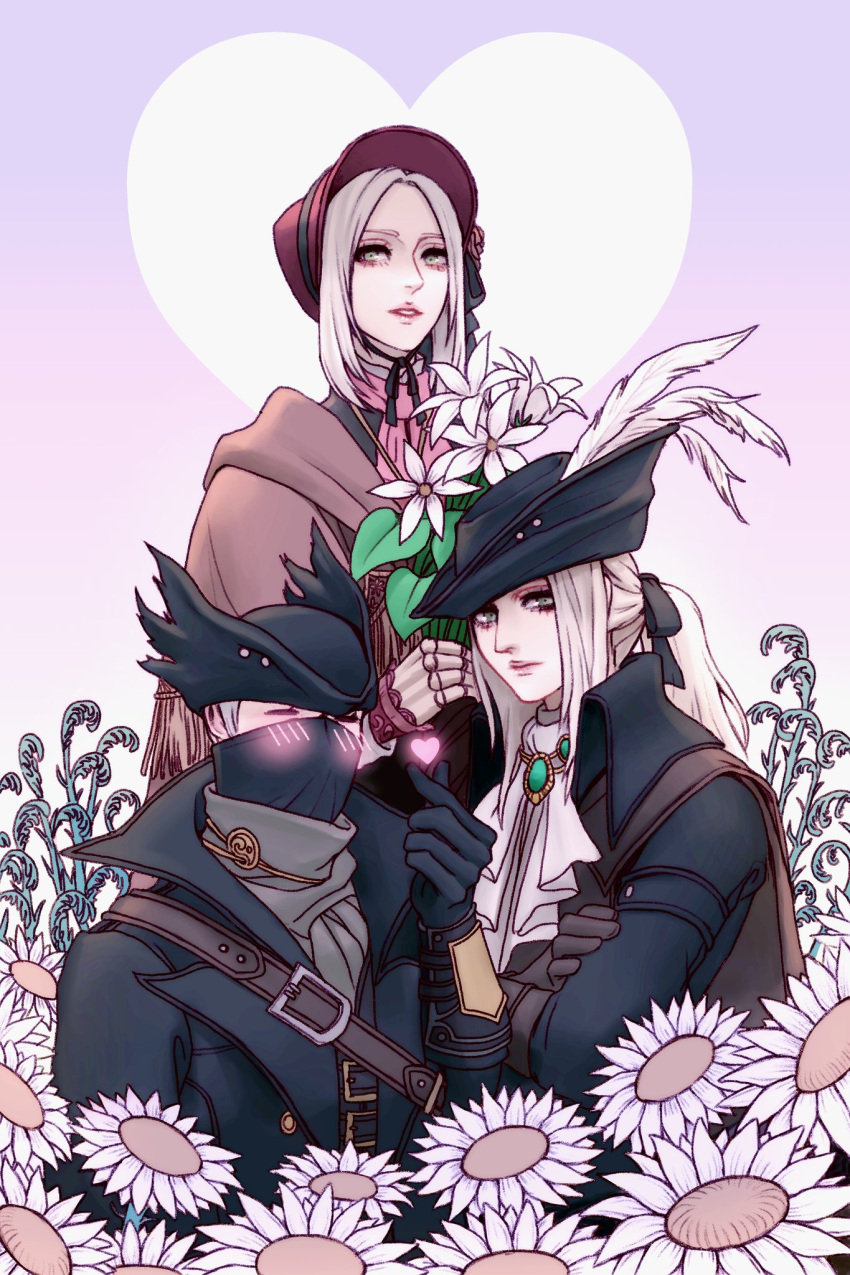 1boy 2girls ascot asrikins bangs bloodborne blush bonnet cape cloak coat cravat crossed_arms doll_joints feathers flower gem gloves green_eyes hat hat_feather heart highres holding holding_flower hunter_(bloodborne) jewelry joints lady_maria_of_the_astral_clocktower long_hair looking_at_viewer mask mouth_mask multiple_girls open_mouth parted_bangs plain_doll ponytail shirt short_hair silver_hair simple_background smile swept_bangs the_old_hunters tricorne weapon white_flower white_hair white_shirt