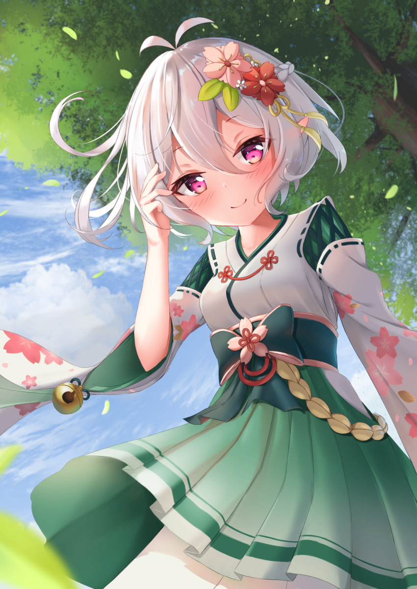 1girl blush bow breasts clouds elf fantasy flower green_bow green_skirt hair_flower hair_ornament hand_in_hair highres japanese_clothes kokkoro_(princess_connect!) long_pointy_ears obi pointy_ears princess_connect! princess_connect!_re:dive sash short_hair silver_hair skirt sky small_breasts smile solo tree violet_eyes white_clover_(unfy8472) wide_sleeves wind