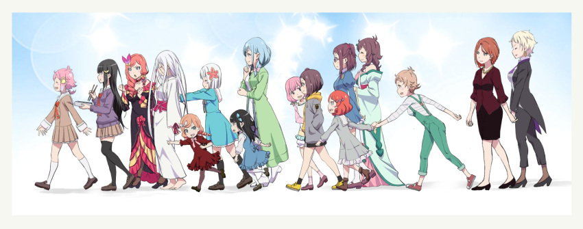 6+girls ^_^ anna_fugo black_hair blonde_hair blue_hair bow braid chopsticks claire_fugo closed_eyes earrings eating everyone flower formal from_side granbelm green_eyes hair_bow hair_flower hair_ornament hakamada_suishou highres holding holding_chopsticks holding_hands hoop_earrings jewelry kohinata_kibou kohinata_mangetsu multiple_girls necklace overalls pearl_necklace pencil_skirt pink_bow pink_hair redhead rin_mimi rin_nana rin_nene rosa_(granbelm) sailor_collar sasha_(granbelm) school_uniform serafuku shingetsu_ernesta_fukami short_hair short_twintails siblings sisters skirt suit tsuchimikado_kuon tsuchimikado_shisui twin_braids twintails walking white_hair yoruno_sekai younger yuri