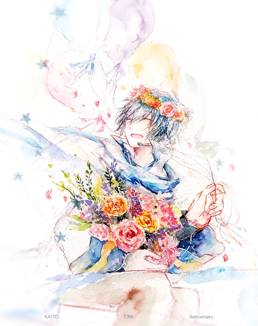 1boy absurdres anniversary azusa415 balloon bouquet character_name closed_eyes commentary constellation english_commentary flower flower_wreath highres holding holding_balloon kaito male_focus open_mouth outstretched_arm petals rose sitting smile solo star_(symbol) traditional_media vocaloid watercolor_(medium)