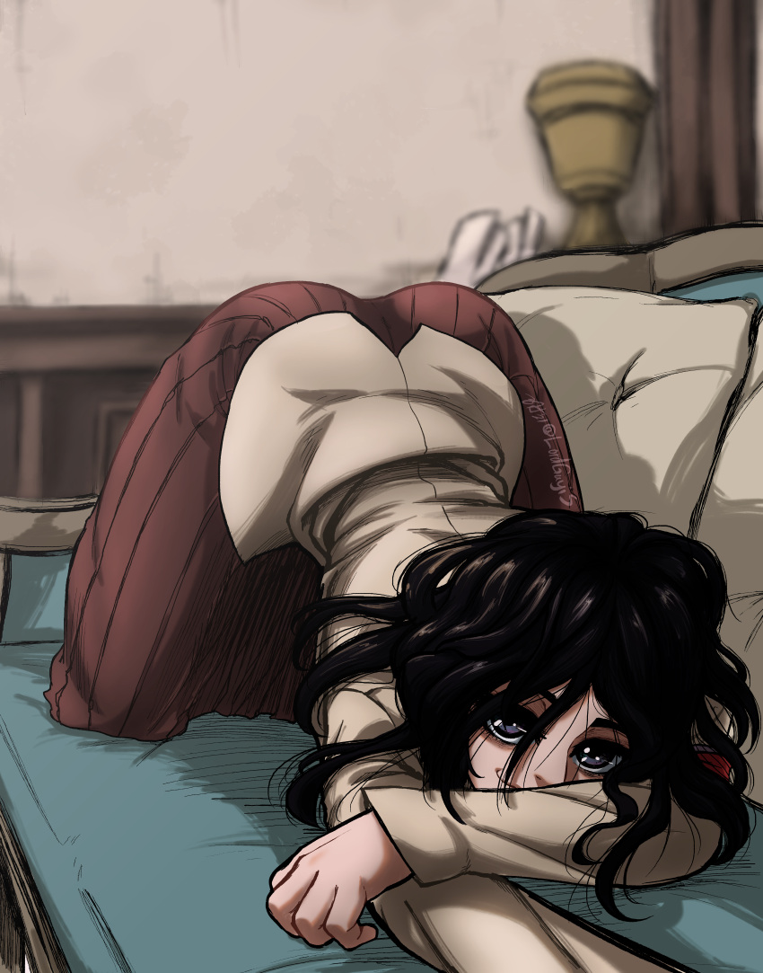 1girl absurdres ass black_hair couch curtains drawing hair_over_face highres indoors long_hair lord_guyis pieck pillow shingeki_no_kyojin smile solo top-down_bottom-up urn