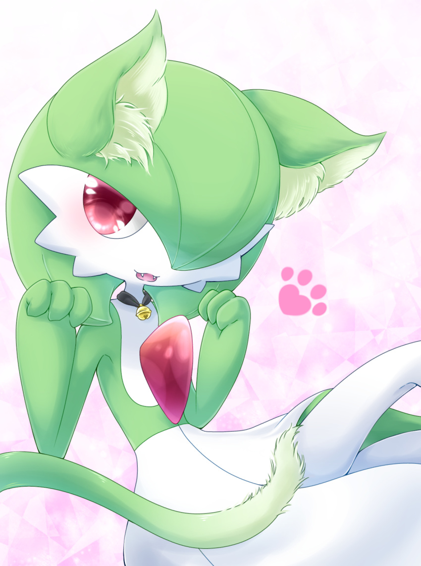 1girl animal_ears bell blush cat_ears cat_girl cat_tail collar commentary_request fangs gardevoir gen_3_pokemon green_hair hair_over_one_eye hands_up highres jingle_bell looking_at_viewer muguet open_mouth paw_pose paw_print pink_background pokemon pokemon_(creature) red_eyes short_hair smile solo tail