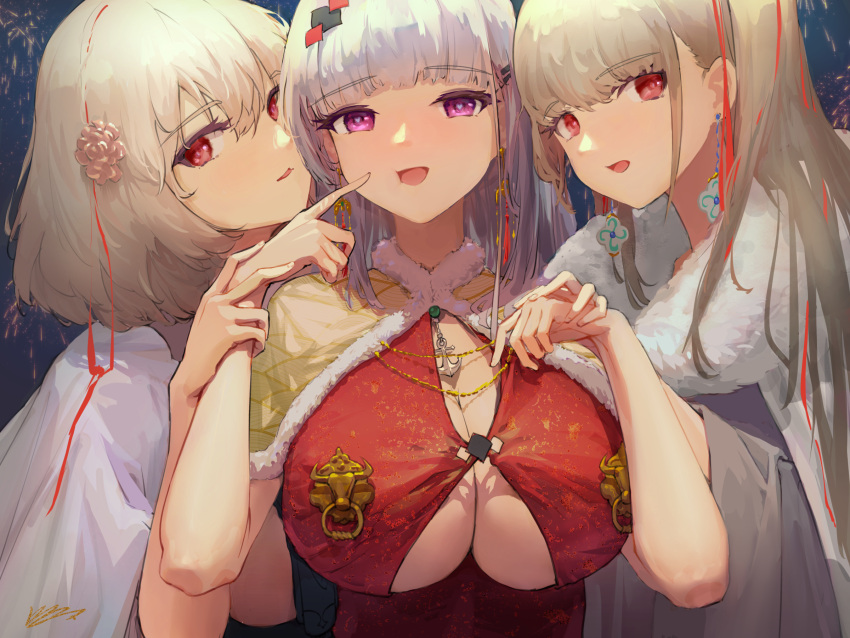 3girls anchor_necklace azur_lane breasts cape capelet commentary_request dido_(azur_lane) dress earrings eyebrows_visible_through_hair fireworks flower formidable_(azur_lane) fur-trimmed_capelet fur_trim hair_flower hair_ornament highres huge_breasts jewelry kioroshin light_purple_hair long_hair looking_at_viewer looking_to_the_side medium_hair multiple_girls open_mouth platinum_blonde_hair red_dress red_eyes sirius_(azur_lane) under_boob upper_body very_long_hair violet_eyes white_cape white_hair yellow_capelet
