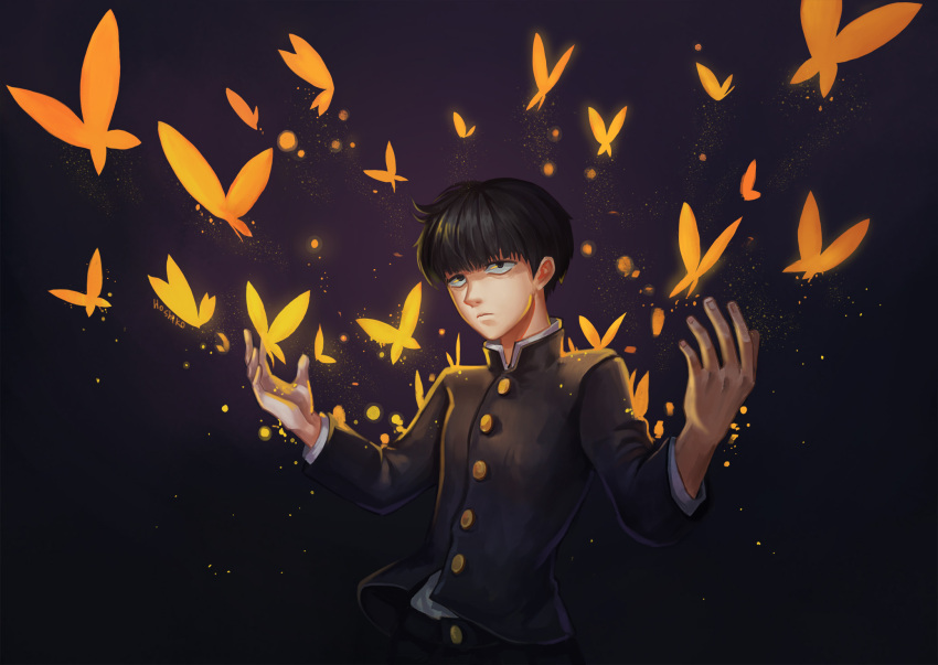 1boy artist_name black_hair black_pants bowl_cut bug butterfly dark_background gakuran hands_up highres hoshiko_(419401x) insect kageyama_shigeo male_focus mob_psycho_100 pants school_uniform short_hair simple_background solo standing upper_body yellow_butterfly