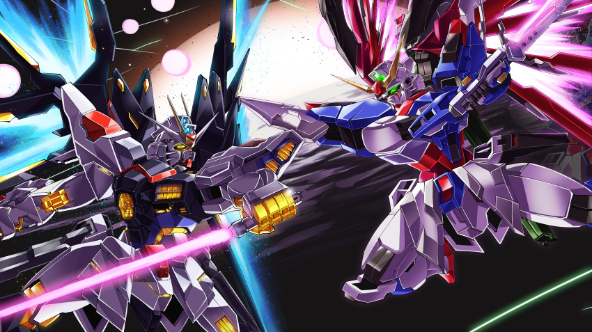 absurdres beam_saber clenched_hands destiny_gundam energy_wings explosion fighting glowing glowing_eye glowing_hand gundam gundam_seed gundam_seed_destiny highres holding holding_sword holding_weapon looking_down looking_up mecha mechanical_wings no_humans papa-kun_(destiny549-2) science_fiction space strike_freedom_gundam sword v-fin weapon wings yellow_eyes
