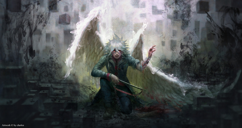 1boy absurdres angel_wings cha4os chain coat collar commentary corpse dangan_ronpa_(series) dangan_ronpa_2:_goodbye_despair green_coat grey_hair highres holding holding_weapon komaeda_nagito long_sleeves male_focus messy_hair metal_collar one_knee pants red_eyes shiny shiny_hair solo sword weapon white_wings wings