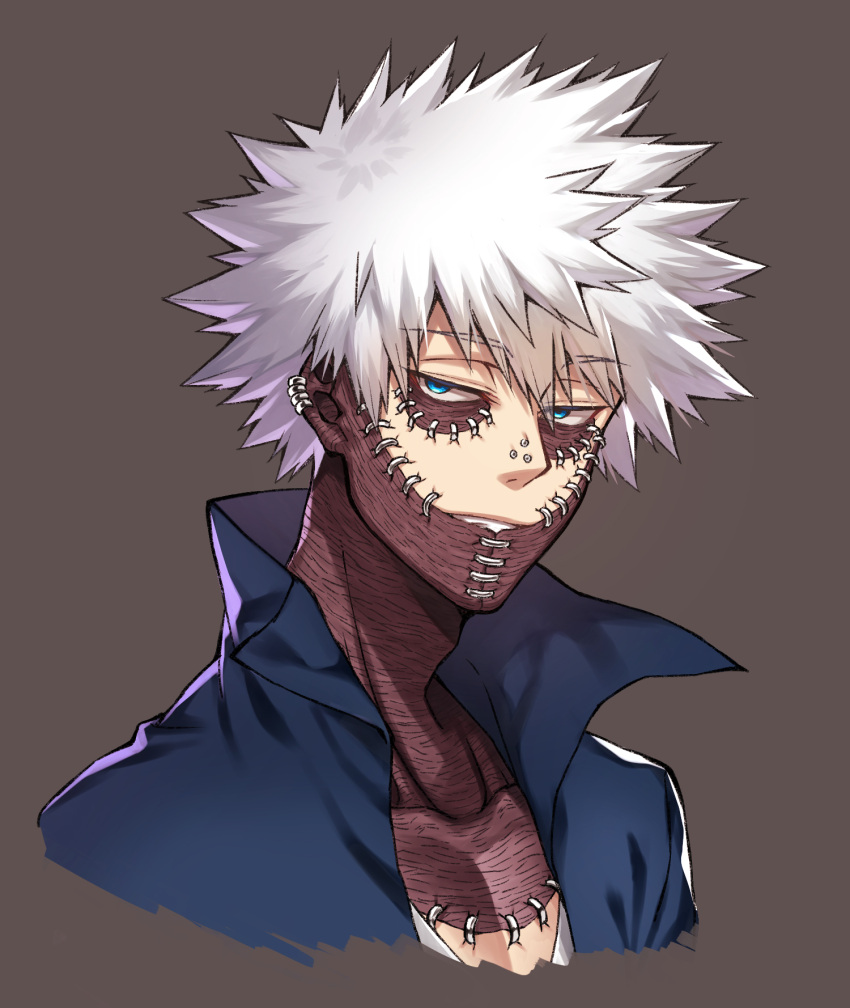 1boy alternate_hair_color black_jacket blue_eyes boku_no_hero_academia brown_background burn_scar collarbone commentary_request cropped_shoulders dabi_(boku_no_hero_academia) ear_piercing grey_background highres jacket looking_at_viewer male_focus piercing scar shion_(mnkrtube) shirt simple_background solo spiky_hair upper_body white_hair
