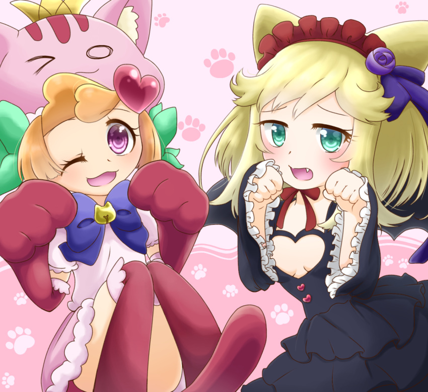 2girls :3 animal_ears anyamal_tantei_kirumin_zoo aqua_eyes bell black_dress blonde_hair blue_neckwear blush bow bowtie breasts cat_ears clenched_hands clothing_cutout commentary_request dress elbow_gloves eyebrows_visible_through_hair fang flat_chest flower fur_trim gloves hair_flower hair_ornament hair_ribbon hands_up happy hat hatori_kanon heart heart_cutout jingle_bell kneehighs knees_together_feet_apart knees_up long_sleeves looking_at_viewer mikogami_riko muguet multiple_girls one_eye_closed open_mouth orange_hair paw_pose paw_print_background pink_background pink_headwear pink_shirt pink_skirt purple_flower purple_ribbon red_gloves red_legwear red_neckwear red_ribbon ribbon shirt short_hair short_sleeves shy simple_background sitting skirt small_breasts smile standing tail two-tone_background