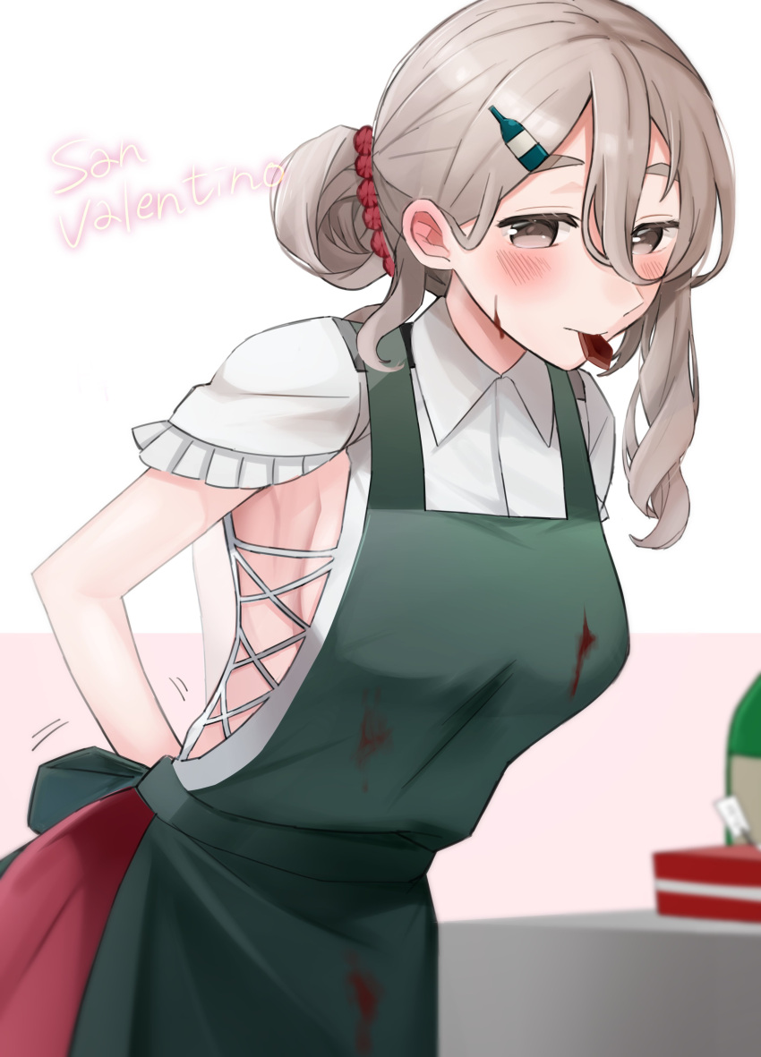 1girl absurdres alternate_hairstyle apron blouse blurry bottle_hair_ornament brown_eyes commentary_request cowboy_shot depth_of_field green_apron grey_eyes grey_hair hair_ornament hairclip highres kantai_collection leaning_forward pola_(kancolle) red_skirt simple_background skirt solo toriniku_senshi_chikinman valentine wavy_hair white_background white_blouse
