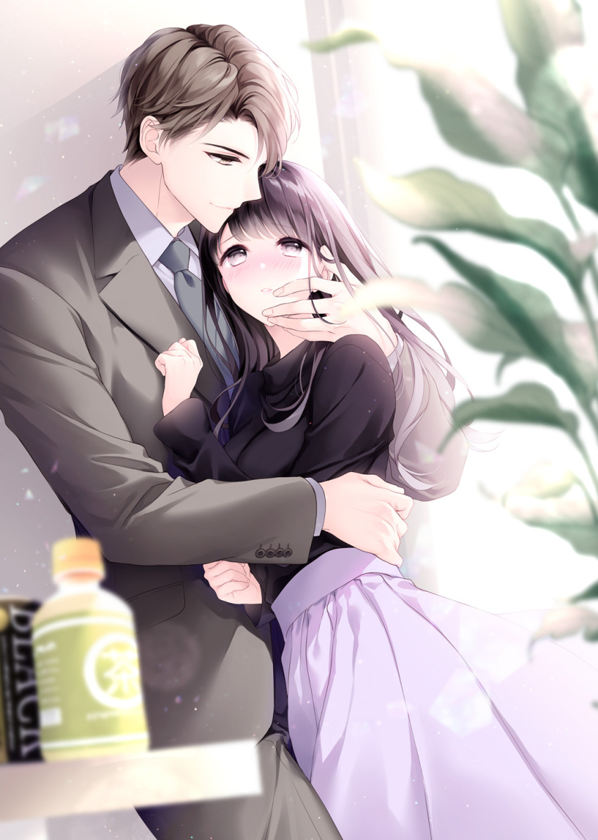 1boy 1girl black_hair black_shirt blurry_foreground blush brown_eyes brown_hair can canned_coffee cover cover_page formal grey_pants grey_suit hetero highres hug indoors long_hair novel_cover original pants plant shirt skirt standing suit white_skirt window yuka_(mischief)