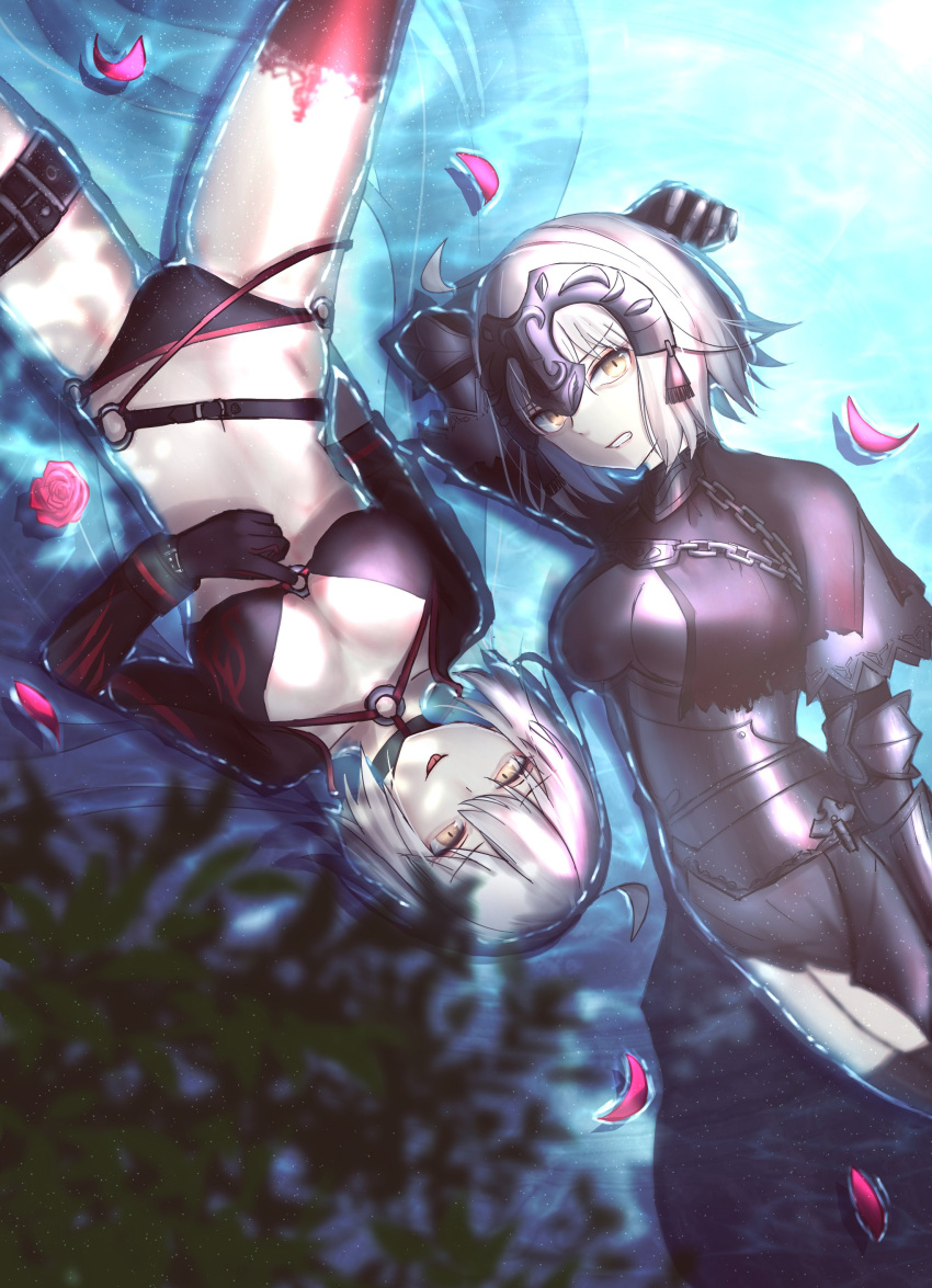 2girls absurdres ahoge armor bikini breasts fate/grand_order fate_(series) gloves headpiece highres jeanne_d'arc_(alter)_(fate) jeanne_d'arc_(alter_swimsuit_berserker)_(fate) jeanne_d'arc_(fate)_(all) looking_at_viewer multiple_girls petals roro_982 swimsuit water white_hair yellow_eyes