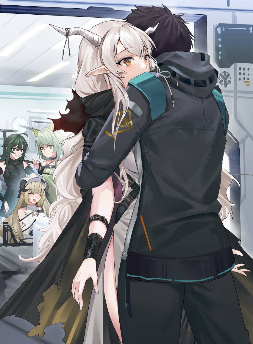 1boy 4girls :d absurdres ahoge animal_ears arknights bangs bare_shoulders black_cape black_dress black_hair black_jacket black_panties blonde_hair blunt_bangs blush brown_eyes cape cat_ears detached_sleeves doctor_(arknights) dress eyebrows_visible_through_hair gavial_(arknights) green_dress green_eyes green_hair hasegawamorito hat highres hood hood_down hooded_jacket horns hug indoors jacket kal'tsit_(arknights) long_hair long_sleeves multiple_girls nightingale_(arknights) open_mouth panties pelvic_curtain pointy_ears shining_(arknights) short_hair silver_hair smile underwear v-shaped_eyebrows very_long_hair white_dress white_headwear wristband