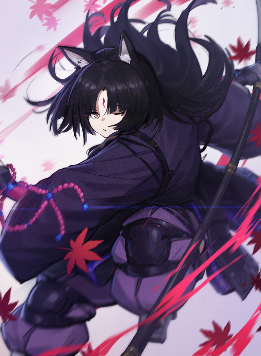1girl absurdres animal_ear_fluff animal_ears arknights autumn_leaves bangs black_hair brown_eyes closed_mouth dog_ears dog_girl eyebrows_visible_through_hair facial_mark forehead_mark gradient gradient_background highres holding holding_weapon japanese_clothes kimono knee_pads leaf long_hair long_sleeves looking_at_viewer maple_leaf one_eye_closed pants parted_bangs puffy_pants purple_kimono purple_pants saga_(arknights) solo very_long_hair weapon white_background wide_sleeves xian_yu_mo_ren