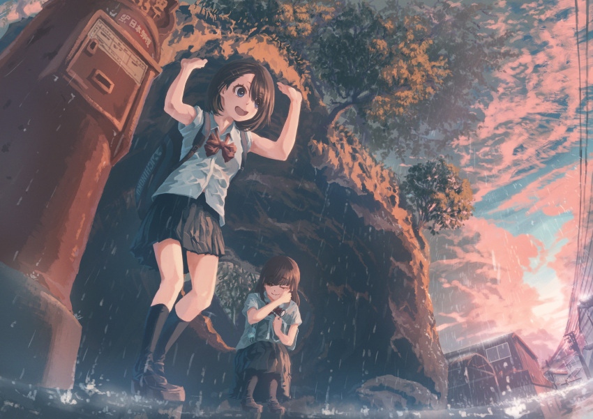 2girls absurdres backpack bag blue_eyes bow brown_eyes brown_hair clouds commentary dusk highres house lifting medium_hair michinoku. multiple_girls one_eye_closed open_mouth original outdoors postbox_(outgoing_mail) power_lines rain scenery school_bag school_uniform shoes short_hair short_sleeves skirt sky smile socks surreal tears town tree
