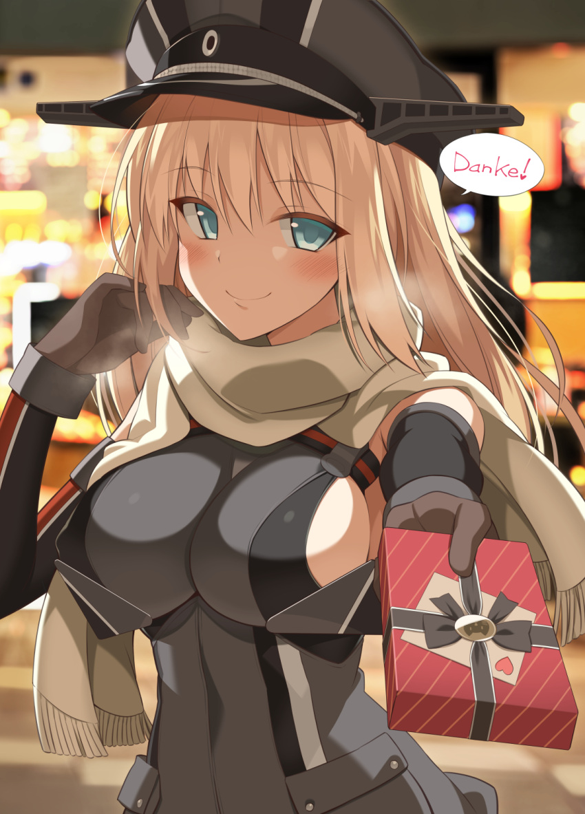 1girl bangs bismarck_(kancolle) blonde_hair blurry blush bokeh box breasts breath depth_of_field german_text gift gift_box gloves hat highres holding holding_gift kantai_collection large_breasts long_hair looking_at_viewer military military_uniform night ohta_yuichi outdoors peaked_cap scarf smile solo uniform upper_body valentine yellow_scarf