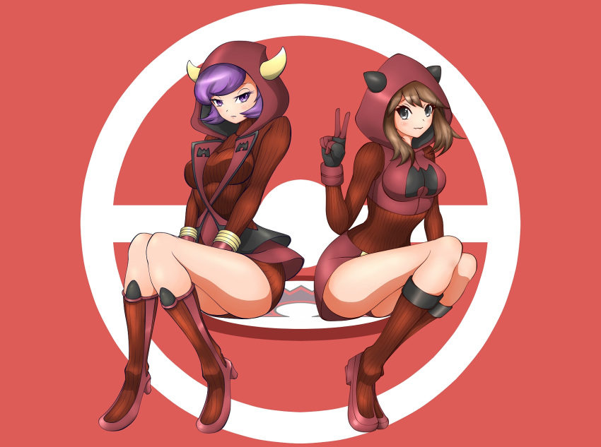 2girls alternate_costume bangs blush boots breasts brown_hair closed_mouth commentary cosplay courtney_(pokemon) dress english_commentary expressionless full_body gloves grey_eyes half-closed_eyes hand_up happy highres hood horned_headwear horns knee_boots kneehighs knees_together_feet_apart legs_together long_sleeves looking_at_viewer may_(pokemon) medium_breasts multiple_girls poke_ball_symbol pokemon pokemon_(game) pokemon_oras purple_hair red_background red_dress red_footwear red_legwear red_shorts red_sweater red_theme ribbed_sweater shoes short_dress short_hair short_shorts shorts simplyseed sitting smile sweater swept_bangs team_magma team_magma_grunt team_magma_grunt_(cosplay) turtleneck v violet_eyes wavy_mouth