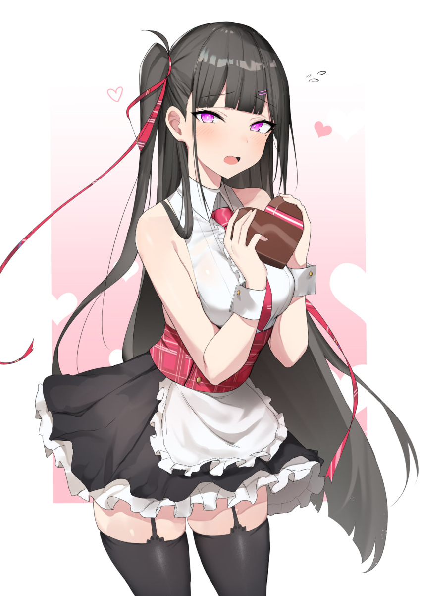 1girl apron asymmetrical_hair bangs black_hair black_legwear black_skirt blush chocolate collared_shirt commentary english_commentary eyebrows_visible_through_hair flying_sweatdrops food garter_straps hair_ribbon heart highres holding holding_food long_hair looking_at_viewer luse_maonang mole mole_under_eye necktie open_mouth original outside_border pink_background red_neckwear red_ribbon ribbon shirt side_ponytail skindentation skirt sleeveless sleeveless_shirt solo standing thigh-highs two-tone_background valentine very_long_hair violet_eyes white_apron white_background white_shirt wrist_cuffs
