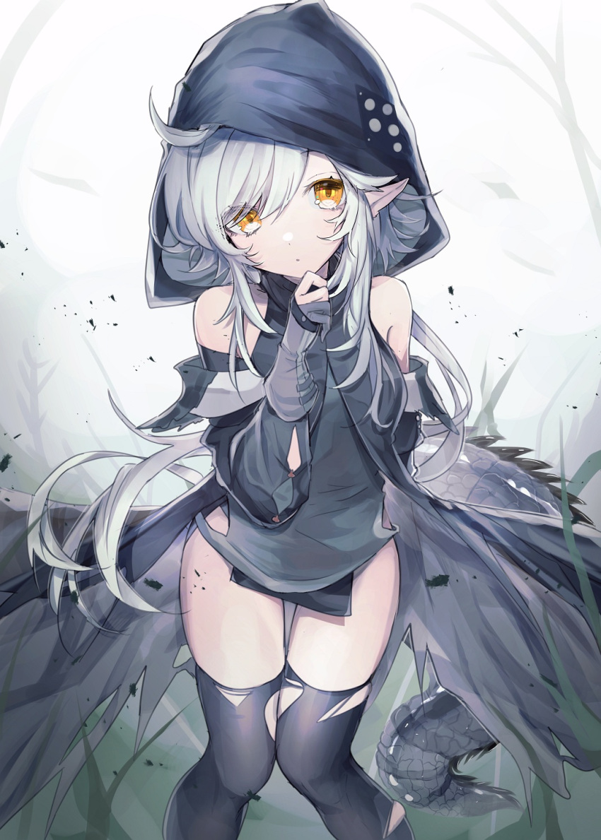1girl ahoge arknights bangs bare_shoulders black_legwear breasts crocodilian_tail feet_out_of_frame gloves highres hood large_tail long_hair long_sleeves looking_at_viewer partially_fingerless_gloves pointy_ears seia_(tikxxx) silver_hair small_breasts solo swept_bangs tail thigh-highs thighs tomimi_(arknights) torn_clothes torn_legwear yellow_eyes