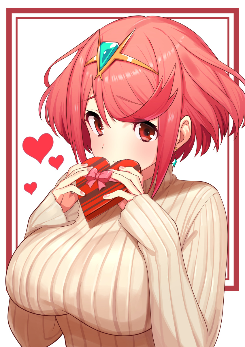 1girl absurdres breasts earrings gift green322 highres holding holding_gift jewelry large_breasts looking_at_viewer pyra_(xenoblade) red_eyes redhead ribbed_sweater short_hair solo sweater white_sweater xenoblade_chronicles_(series) xenoblade_chronicles_2