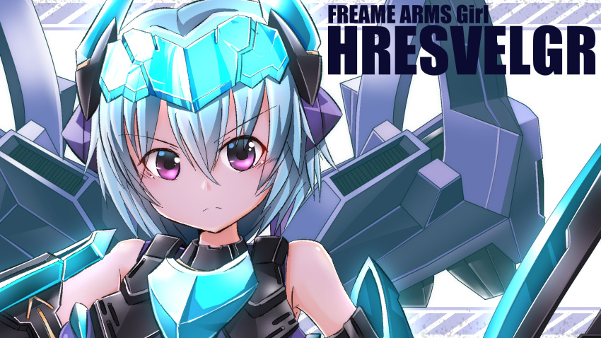 1girl blue_hair character_name copyright_name eyewear_on_head frame_arms_girl frown highres hresvelgr looking_at_viewer mecha_musume papa-kun_(destiny549-2) science_fiction short_hair shoulders solo v-shaped_eyebrows violet_eyes visor