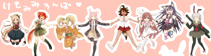 6+girls :d ahoge animal_ears apron bandaged_leg bandages bandaid bandaid_on_knee bangs black_hair black_shirt blonde_hair blue_hair braid breasts brown_hair cat_ears cat_girl cat_tail closed_eyes commentary_request dangan_ronpa_(series) dangan_ronpa_2:_goodbye_despair dog_ears dog_girl dog_tail dress foot_out_of_frame hair_horns hair_ornament hairclip heart highres japanese_clothes jewelry kimono kneehighs koizumi_mahiru large_breasts long_hair mari_audio medium_hair mioda_ibuki mismatched_legwear multicolored_hair multiple_girls nanami_chiaki neck_ribbon neckerchief necklace necktie nurse open_mouth orange_kimono owari_akane pantyhose pekoyama_peko piercing pinafore_dress pink_eyes pink_hair pink_ribbon pink_shirt plaid_neckwear pleated_skirt puffy_short_sleeves puffy_sleeves rabbit_ears redhead ribbon saionji_hiyoko school_uniform serafuku shirt shoes short_hair short_sleeves skirt smile sonia_nevermind standing standing_on_one_leg tail thigh-highs torn_clothes torn_legwear translation_request tsumiki_mikan twin_braids twintails white_apron white_hair white_shirt wolf_ears