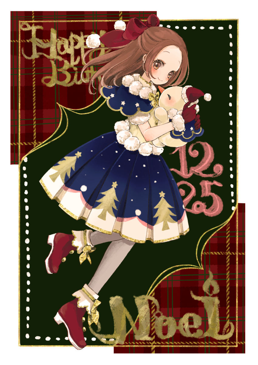 1girl aikatsu! aikatsu!_(series) aikatsu_on_parade! alternate_hair_color birthday blue_dress boots border bow bowtie brown_eyes brown_hair capelet character_name christmas christmas_tree commentary dated dress forehead from_side full_body fur_trim gloves gold_trim green_background hair_bow hair_intakes half_updo happy_birthday highres holding_snowman koedo long_hair looking_at_viewer looking_to_the_side multicolored multicolored_clothes multicolored_dress otoshiro_noel outside_border pantyhose pink_dress plaid plaid_background pleated_dress pom_pom_(clothes) red_background red_bow red_footwear red_gloves shoe_bow shoes sideways_glance snow_print snowman solo star_(symbol) star_print tree_print white_border white_dress white_legwear yellow_neckwear