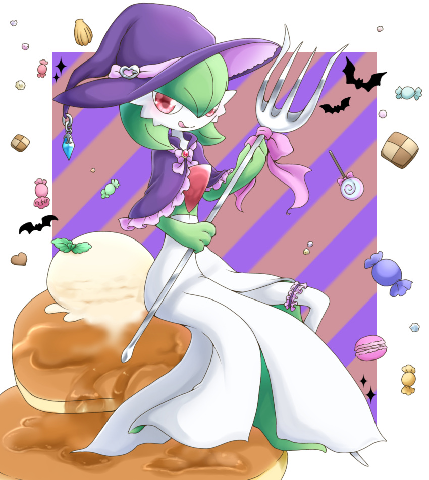 1girl bat border bow candy chocolate chocolate_heart clothed_pokemon commentary_request english_commentary food fork full_body gardevoir gen_3_pokemon green_hair halloween hands_up hat heart highres ice_cream leg_garter licking_lips lollipop looking_at_viewer macaron mixed-language_commentary muguet pancake partial_commentary pink_bow pink_ribbon pokemon pokemon_(creature) purple_headwear red_eyes ribbon shawl short_hair simple_background sitting smile solo syrup tongue tongue_out white_border witch_hat
