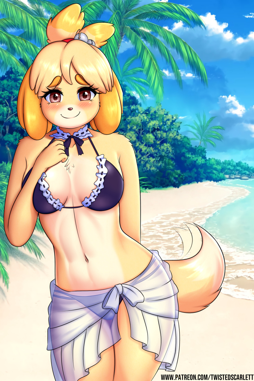 1girl absurdres afterimage animal_crossing animal_ears artist_name bangs beach bell bikini black_bikini blonde_hair blue_sky blush breasts brown_eyes closed_mouth clouds collarbone commentary day dog_ears dog_girl dog_tail english_commentary eyebrows_visible_through_hair furry hair_bell hair_ornament hair_tie hand_on_own_chest hand_up happy highres isabelle_(animal_crossing) jingle_bell legs_together looking_at_viewer medium_breasts navel ocean outdoors palm_tree patreon_username sand sarong see-through shiny shiny_hair short_hair sky smile solo standing swimsuit tail tail_wagging tied_hair topknot tree twistedscarlett60 water watermark web_address white_sarong