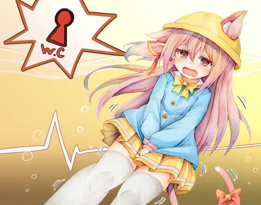 1girl animal_ears azur_lane bangs bell between_legs blue_shirt blush bow bowtie bubble cat_ears cat_tail commentary_request dutch_angle embarrassed eyebrows_visible_through_hair flat_chest gradient gradient_background hair_between_eyes hair_ribbon hand_between_legs hands_together hat have_to_pee highres jingle_bell kindergarten_uniform kisaragi_(azur_lane) long_hair long_sleeves miniskirt open_mouth pink_eyes pink_hair pleated_skirt red_bow red_ribbon ribbon shirt skirt solo speech_bubble standing tail tail_bell tail_bow tail_ornament tears thigh-highs trembling v_arms watakarashi yellow_background yellow_headwear yellow_neckwear yellow_skirt zettai_ryouiki