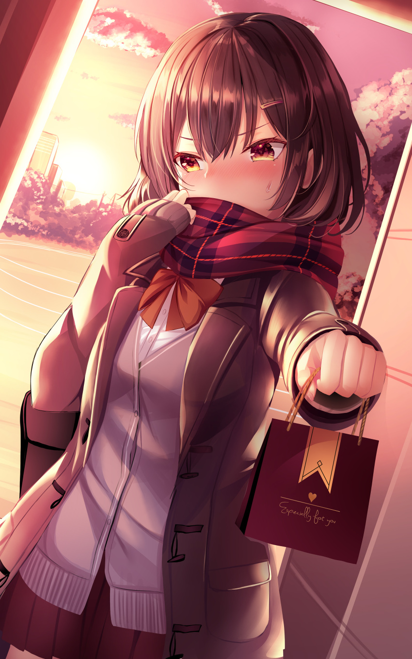 1girl absurdres bag bangs black_hair black_jacket black_skirt blush brown_eyes building cardigan commentary covered_mouth doorway dutch_angle embarrassed evening grey_cardigan hair_ornament hairclip haruka_natsuki highres holding jacket long_sleeves looking_away original pleated_skirt red_neckwear red_scarf scarf school_bag school_uniform shirt skirt sky sunset track_and_field tree uniform valentine white_shirt