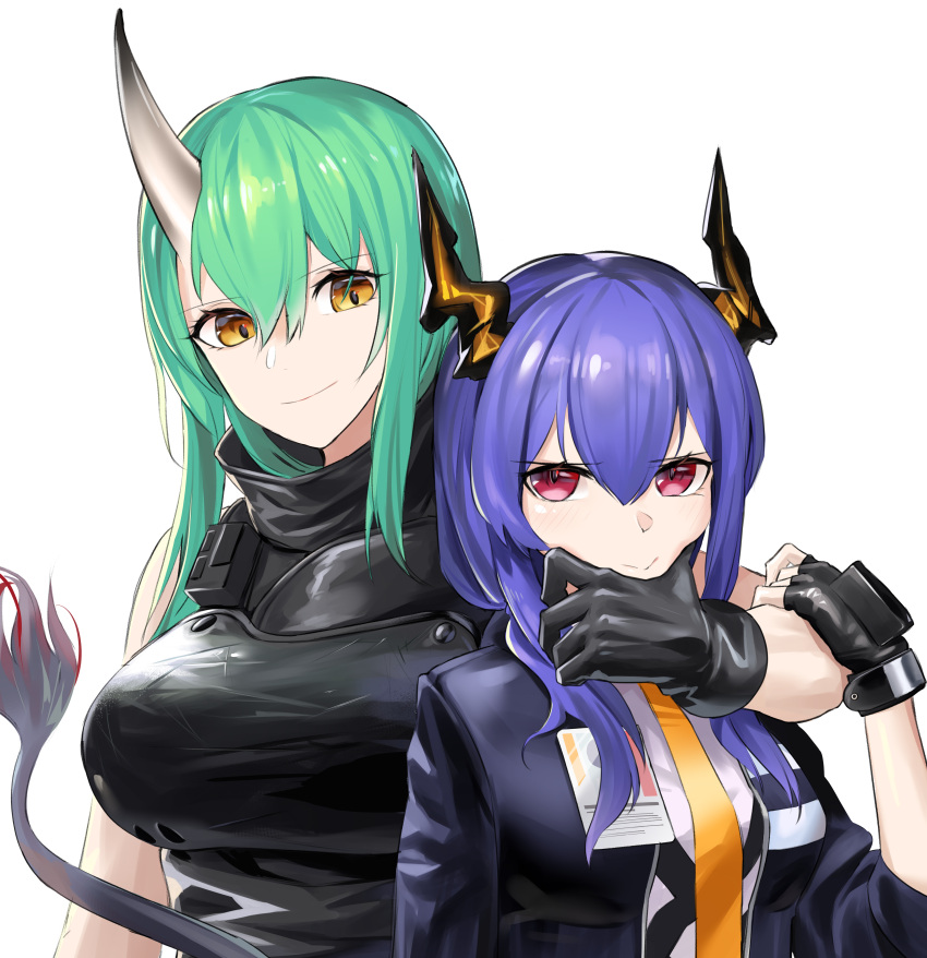 2girls absurdres arknights armor black_gloves blue_hair blue_jacket blush bodysuit breasts brown_eyes ch'en_(arknights) closed_mouth fingerless_gloves gloves green_hair highres horns hoshiguma_(arknights) hug hug_from_behind jacket large_breasts long_hair looking_at_another multiple_girls necktie red_eyes rivet_vvrn single_horn smile tail white_background yellow_neckwear