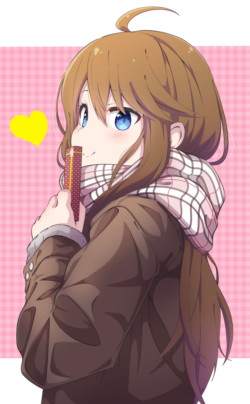 :&gt; ahoge arms_up bangs blue_eyes blush box box_of_chocolates brown_coat brown_hair buttons checkered checkered_background coat commentary english_commentary gyorui_(katsuwo_drawing) heart highres holding holding_box idolmaster idolmaster_million_live! letterboxed long_hair long_sleeves looking_at_viewer looking_back pink_background plaid plaid_scarf scarf sidelocks sleeves_past_wrists smile tokoro_megumi upper_body valentine
