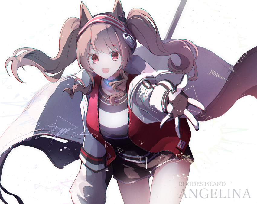 1girl :d a.a_(aa772) angelina_(arknights) animal_ears arknights bangs black_shorts blush brown_hair character_name collar eyebrows_visible_through_hair fox_ears fox_girl glowing hairband jacket leaning_forward long_hair long_sleeves looking_at_viewer open_clothes open_jacket open_mouth outstretched_arm red_eyes short_shorts shorts simple_background smile solo spread_fingers twintails two-tone_gloves two-tone_hairband two-tone_shirt white_background white_jacket