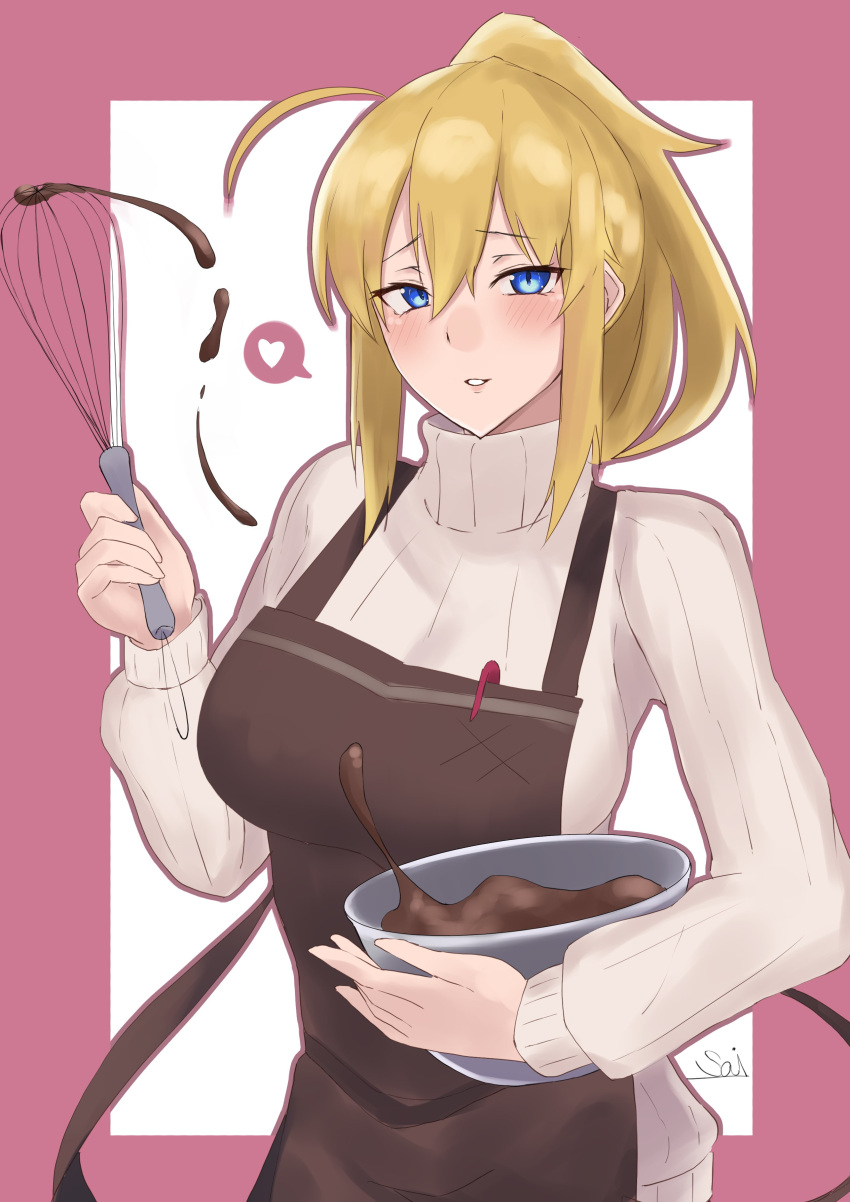 1girl absurdres ahoge apron artoria_pendragon_(all) aya_(user_ddya7452) bangs blonde_hair blush bowl breasts brown_apron chocolate fate/grand_order fate_(series) hair_between_eyes heart highres large_breasts long_hair long_sleeves looking_at_viewer mysterious_heroine_xx_(fate) parted_lips ponytail ribbed_sweater sidelocks smile spoken_heart sweater turtleneck turtleneck_sweater whisk white_sweater