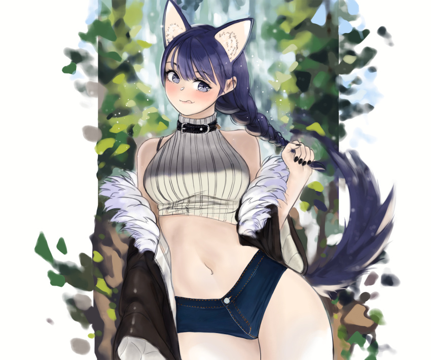 1girl animal_ears azelweien bare_shoulders black_jacket black_nails blue_eyes blue_hair blush bra braid breasts cat_ears cat_girl cat_tail collar denim fur_trim highres jacket large_breasts licking_lips long_hair looking_at_viewer navel original shorts single_braid solo tail tongue tongue_out traditional_media underwear