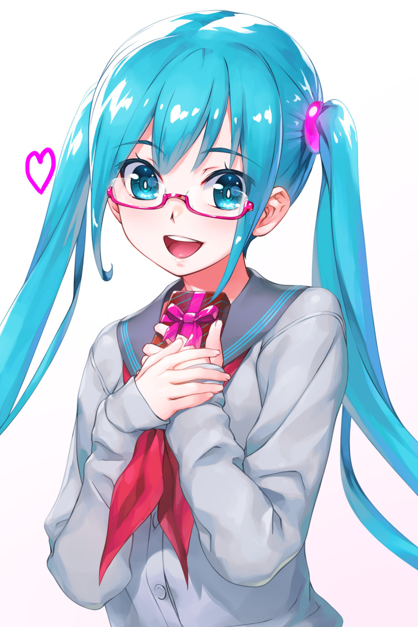 1girl :d aqua_hair bangs bespectacled blue_eyes box commentary_request eyebrows_visible_through_hair gift gift_box glasses hatsune_miku highres long_hair open_mouth pink-framed_eyewear purple_ribbon ribbon school_uniform serafuku shiny shiny_hair smile solo twintails upper_teeth vocaloid wacchi white_background