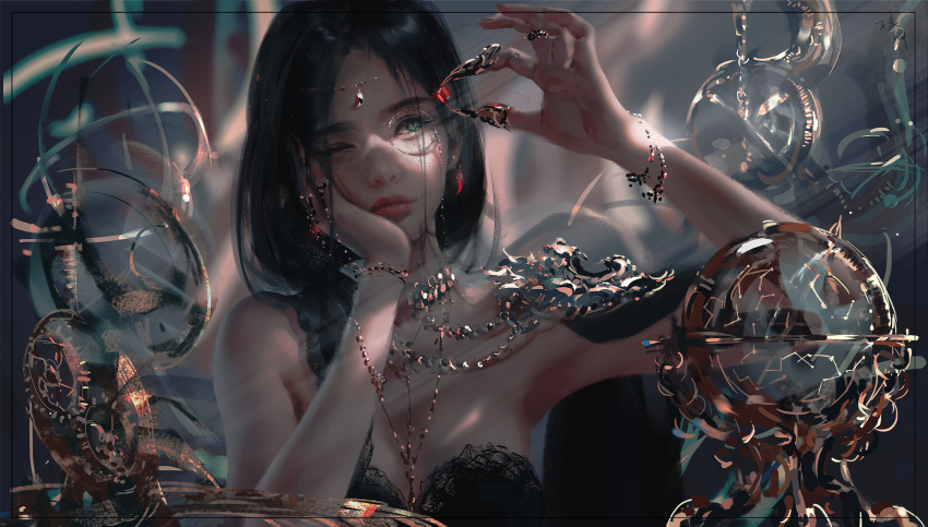 1girl black_hair blurry blurry_background breasts circlet commentary english_commentary freckles gem ghostblade green_eyes head_on_hand highres jewelry lips long_hair monocle necklace one_eye_closed princess_aeolian revision ring small_breasts solo strapless watermark wlop
